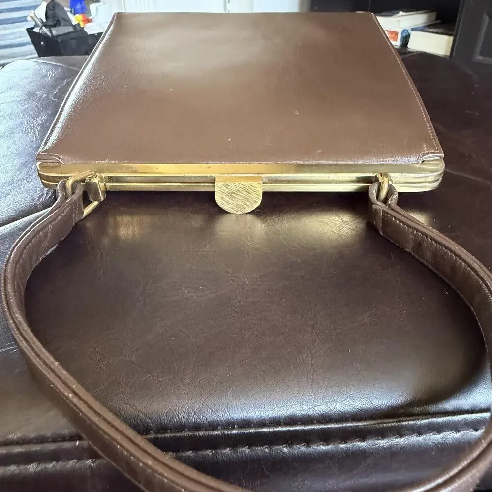 Vintage Block Top Handle Bag Womens Small Brown Leather Gold Frame Evening Purse